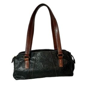 Fossil women’s Tooled paisley Embossed black Leather Shoulder Bag